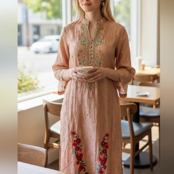 Agha Noor Embroidered Peach Tunic Dress - Picture 2 of 10